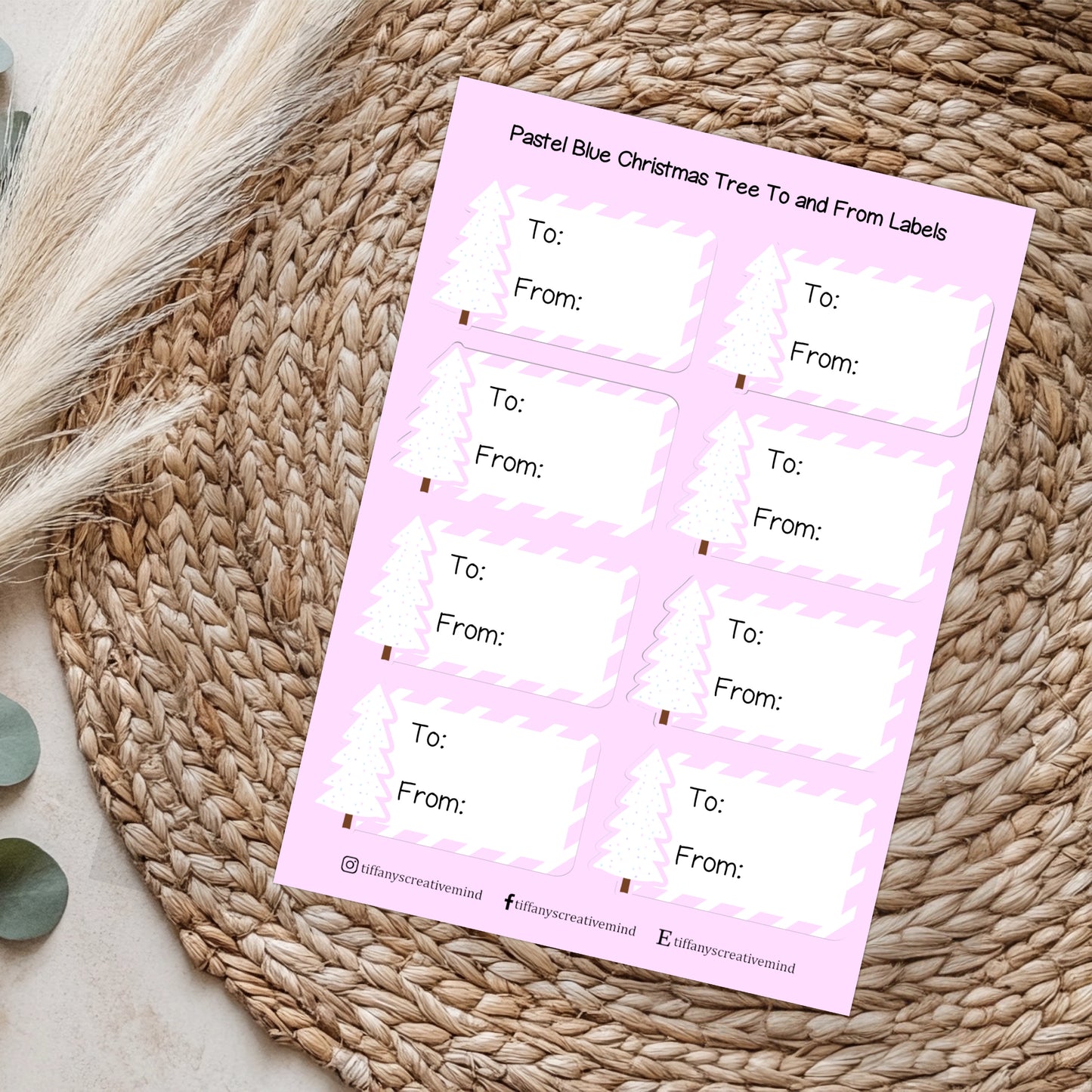 Pastel Pink Christmas Tree To + From Gift Label Sticker Sheet - 5x7 inch image 0