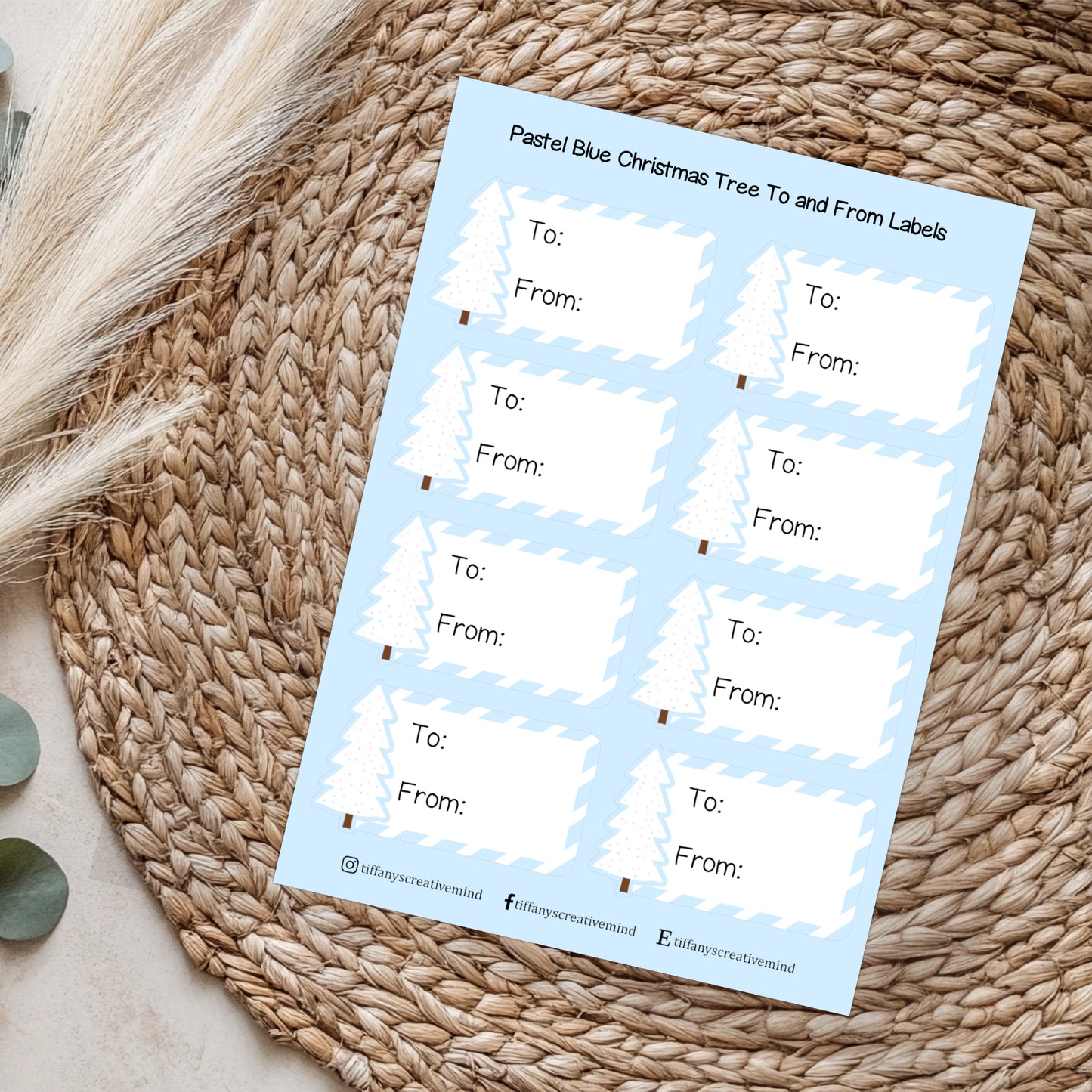 Pastel Blue Christmas Tree To + From Gift Label Sticker Sheet - 5x7 inches - To image 0