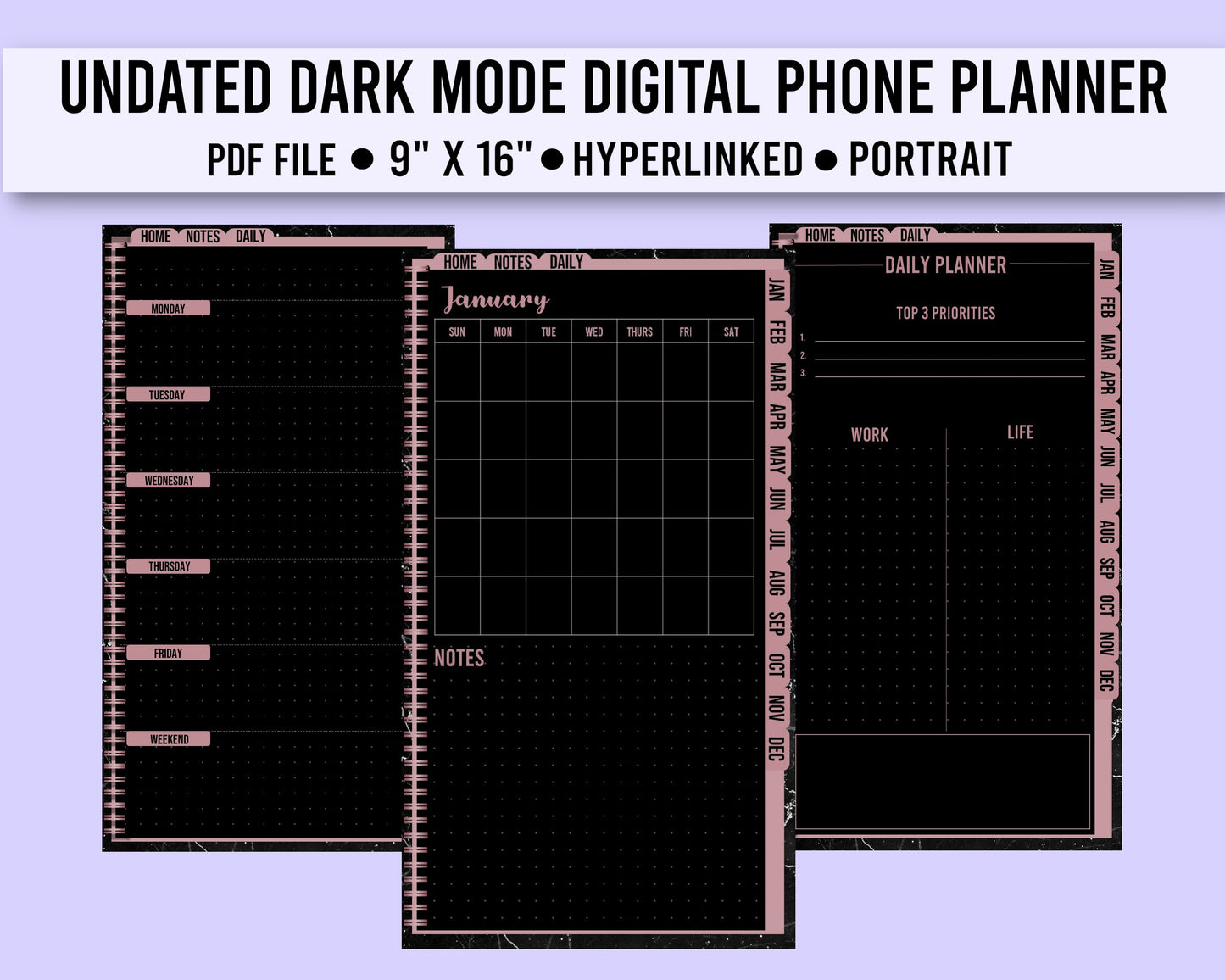 UNDATED Blackout Digital Mobile Phone Planner | Mobile Phone Planner | iPhone Planner | Android Planner | Digital Planner for Smartphone