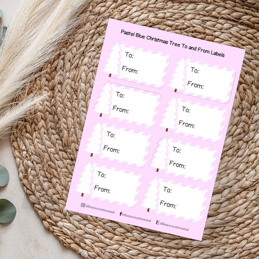Pastel Pink Christmas Tree To + From Gift Label Sticker Sheet - 5x7 inch image 0