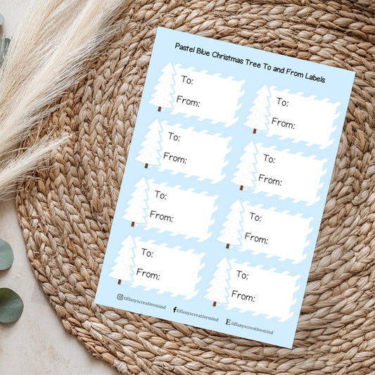 Pastel Blue Christmas Tree To + From Gift Label Sticker Sheet - 5x7 inches - To image 0