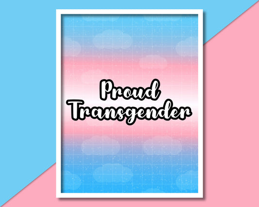 Framed poster with 'Proud Transgender' text on a pink and blue gradient background