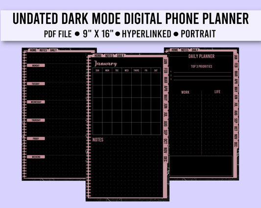 UNDATED Blackout Digital Mobile Phone Planner | Mobile Phone Planner | iPhone Planner | Android Planner | Digital Planner for Smartphone