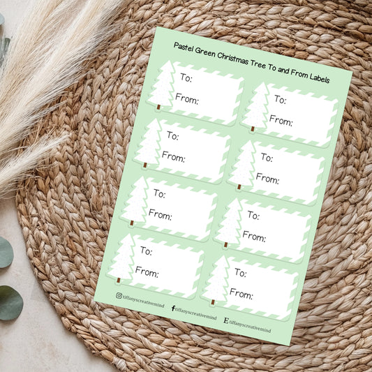 Pastel Green Christmas Tree To + From Gift Label Sticker Sheet - 5x7 in image 0