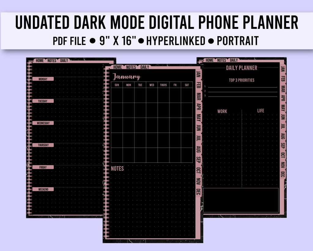 Undated Dark Mode Digital Phone Planner: Hyperlinked PDF (9x16)