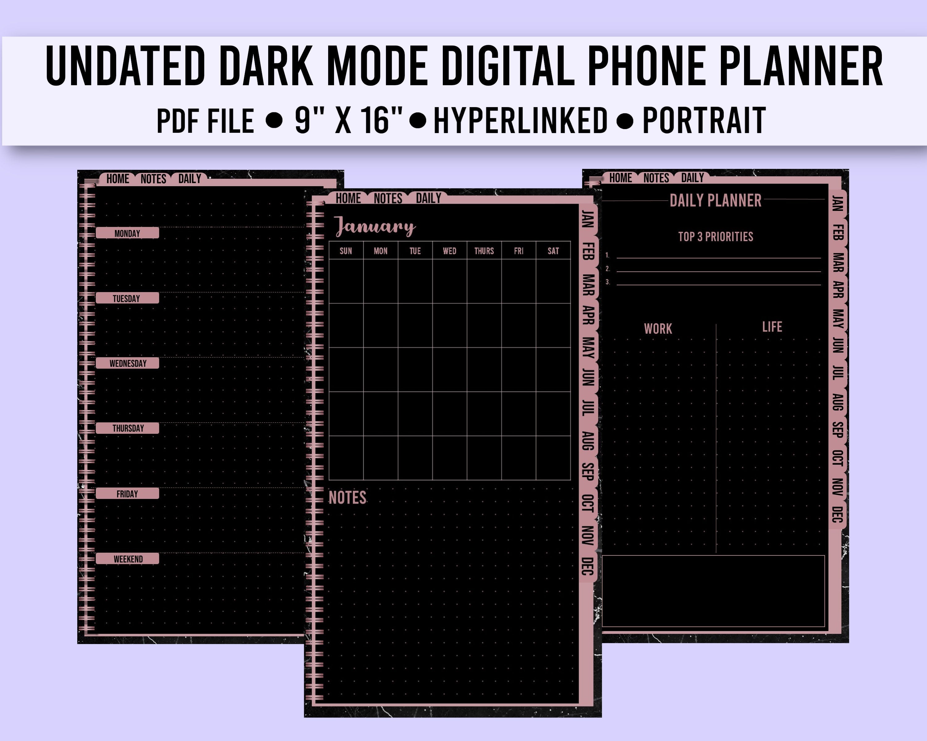 Undated Dark Mode Digital Phone Planner: Hyperlinked PDF (9x16)