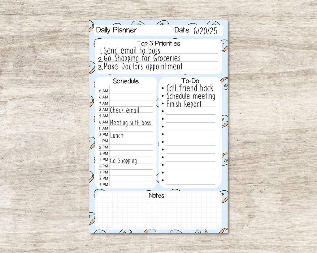Half Letter Daily Planner Notepad with Schedule Planning: Pastel Blue Donut Pattern