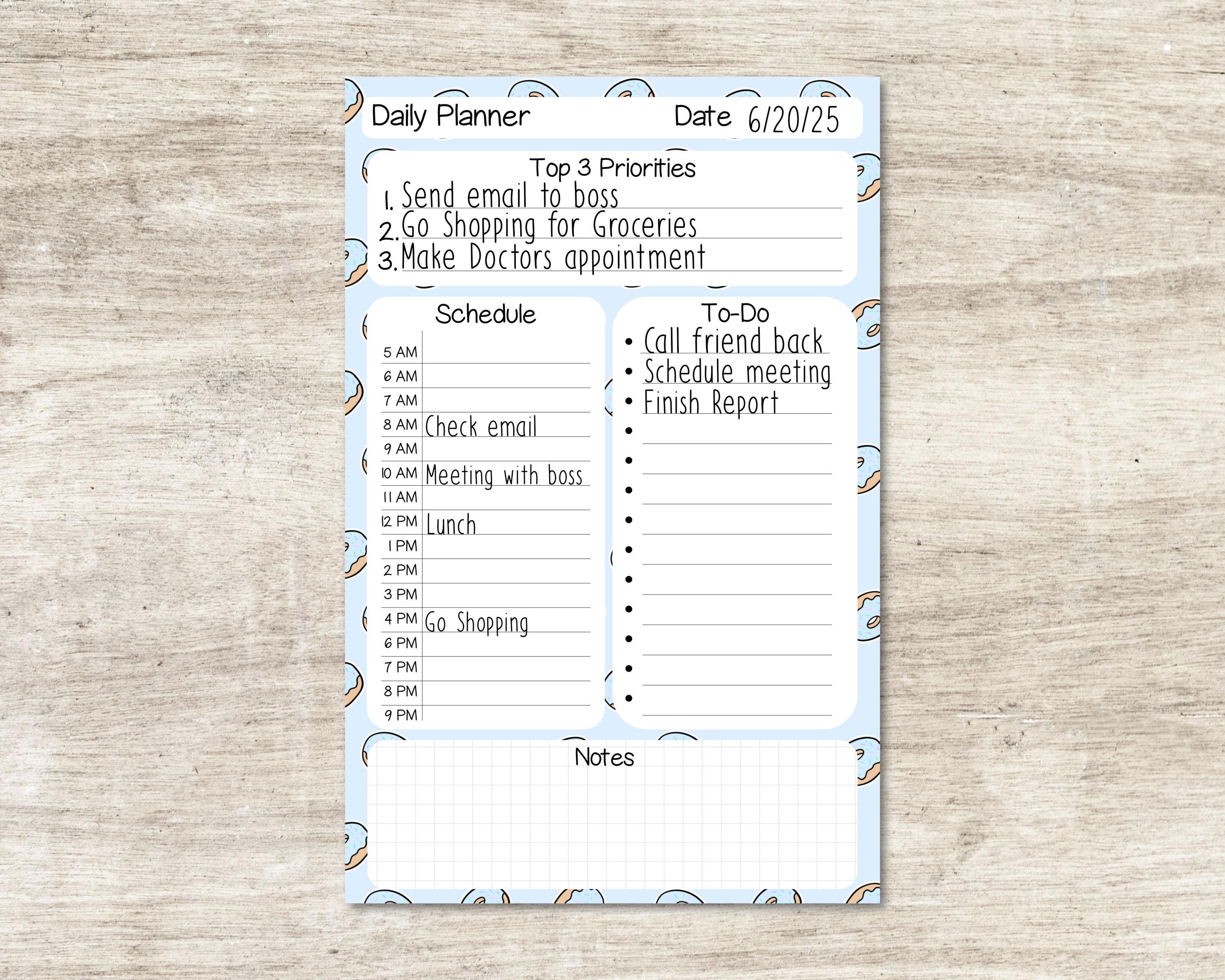 Half Letter Daily Planner Notepad with Schedule Planning: Pastel Blue Donut Pattern
