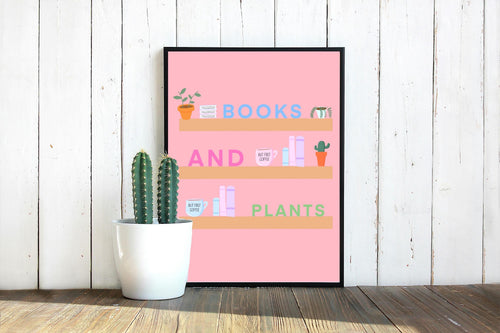 Books and Plants Shelf Wall Art Print: Wall Decor for Books and Plants Lovers