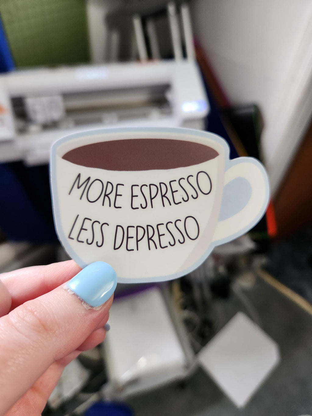 More Espresso Less Depresso Sticker: 3 inch, Matte, For Coffee and Pun Lovers