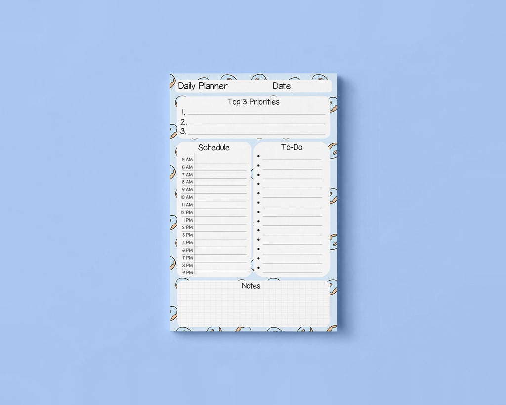 Half Letter Daily Planner Notepad with Schedule Planning: Pastel Blue Donut Pattern