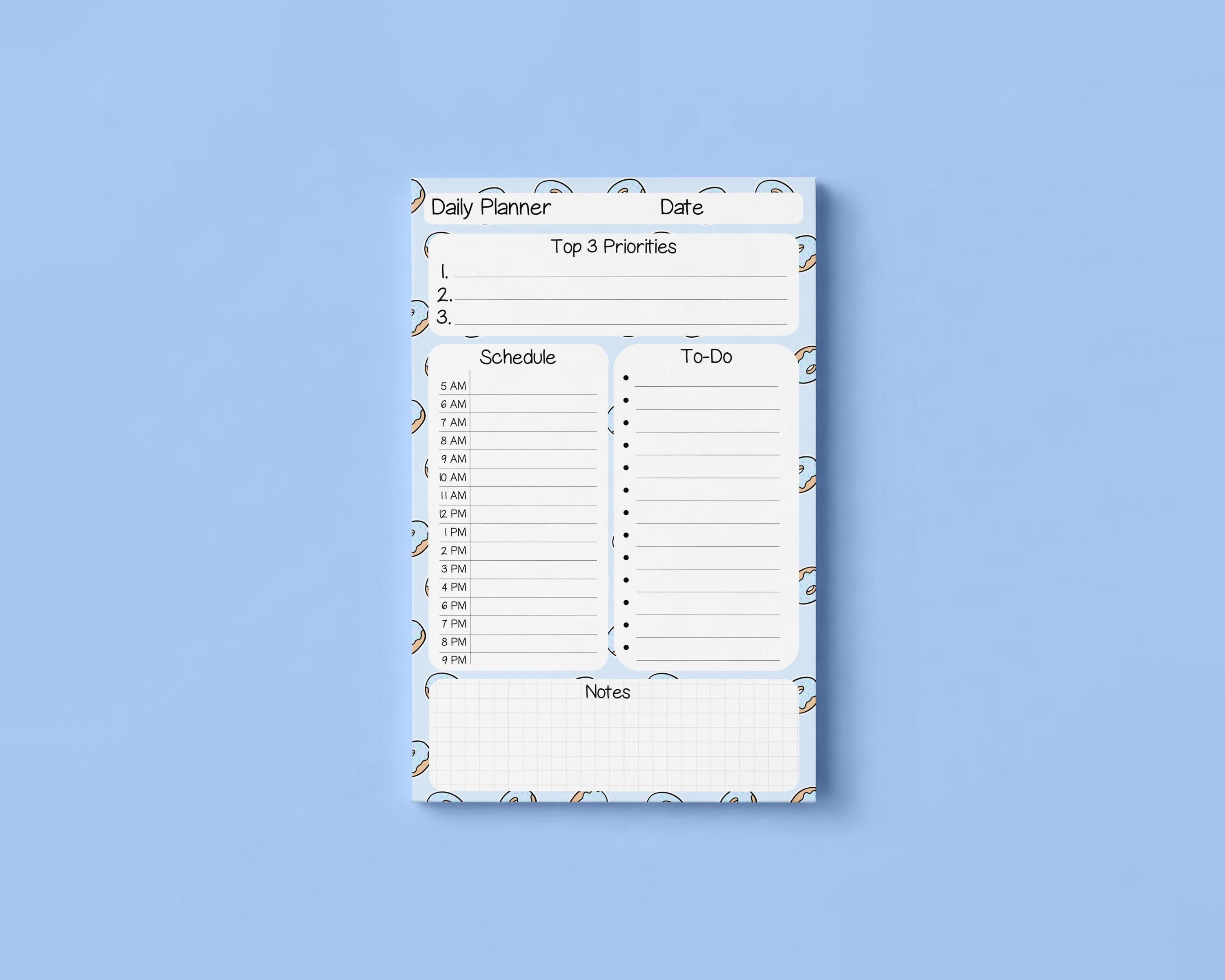 Half Letter Daily Planner Notepad with Schedule Planning: Pastel Blue Donut Pattern