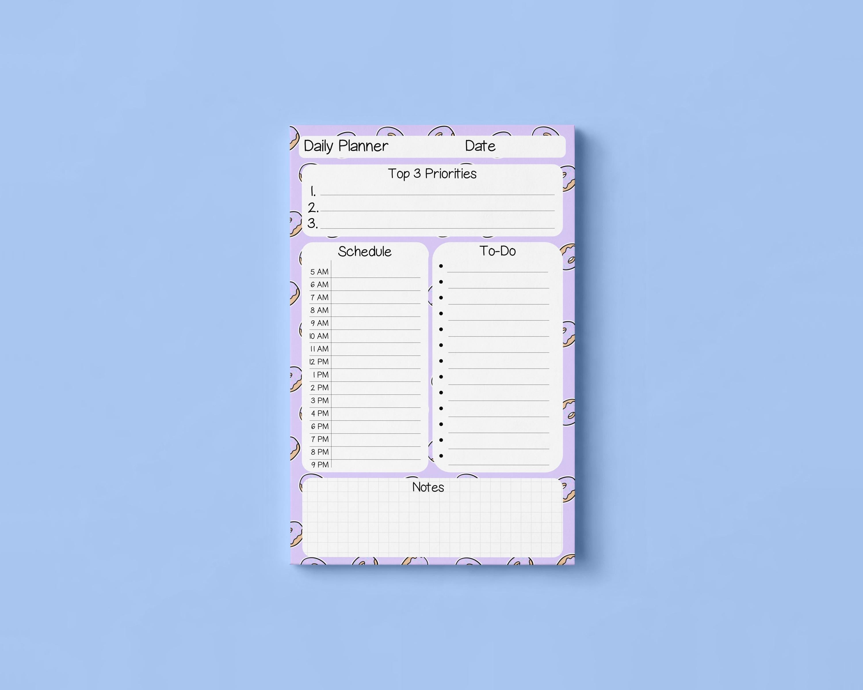 Half Letter Daily Planner Notepad with Schedule Planning: Pastel Purple Donut Pattern