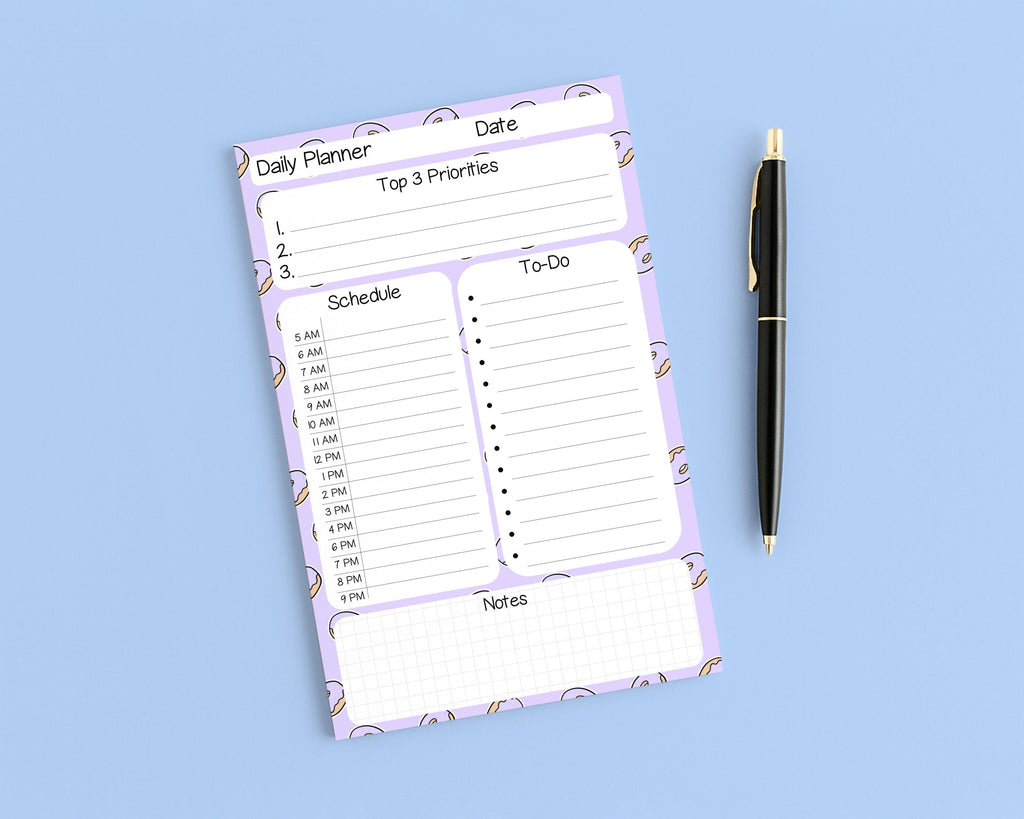 Half Letter Daily Planner Notepad with Schedule Planning: Pastel Purple Donut Pattern