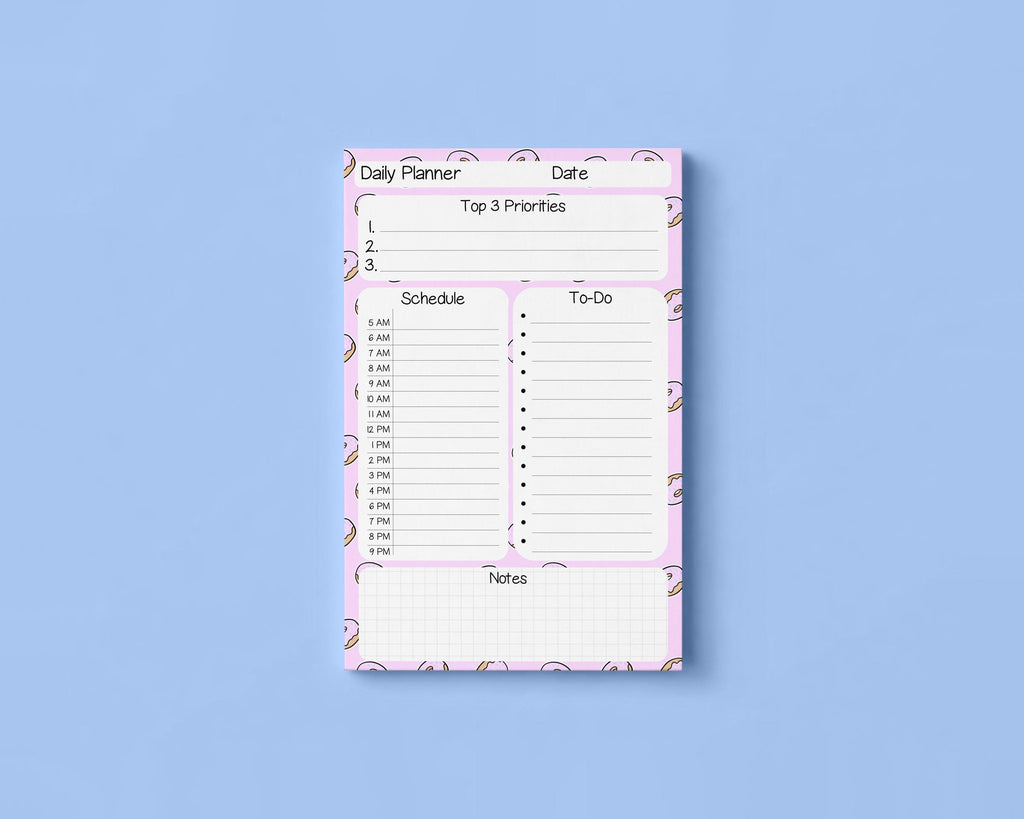 Half Letter Daily Planner Notepad with Schedule Planning: Pastel Pink Donut Pattern