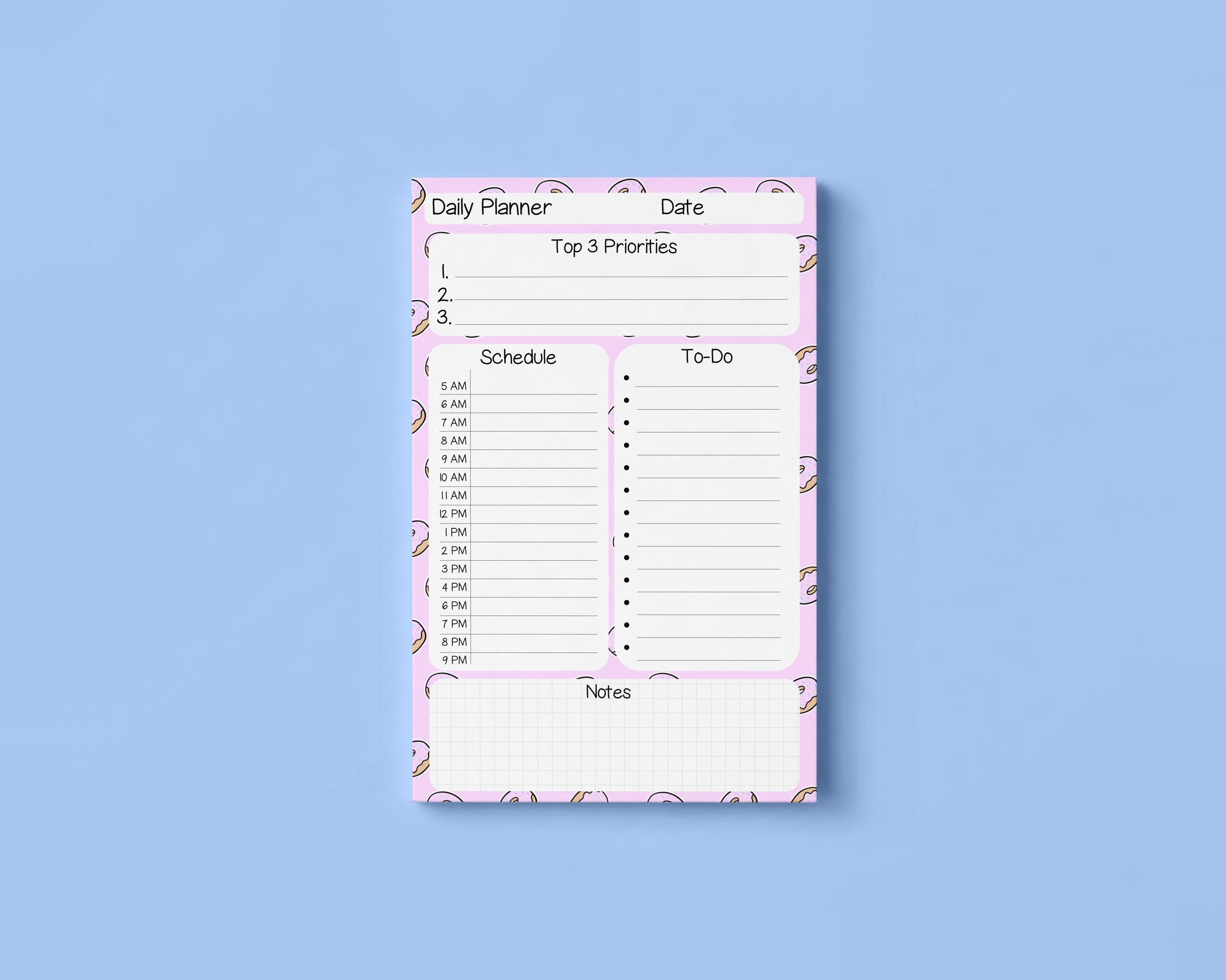 Half Letter Daily Planner Notepad with Schedule Planning: Pastel Pink Donut Pattern
