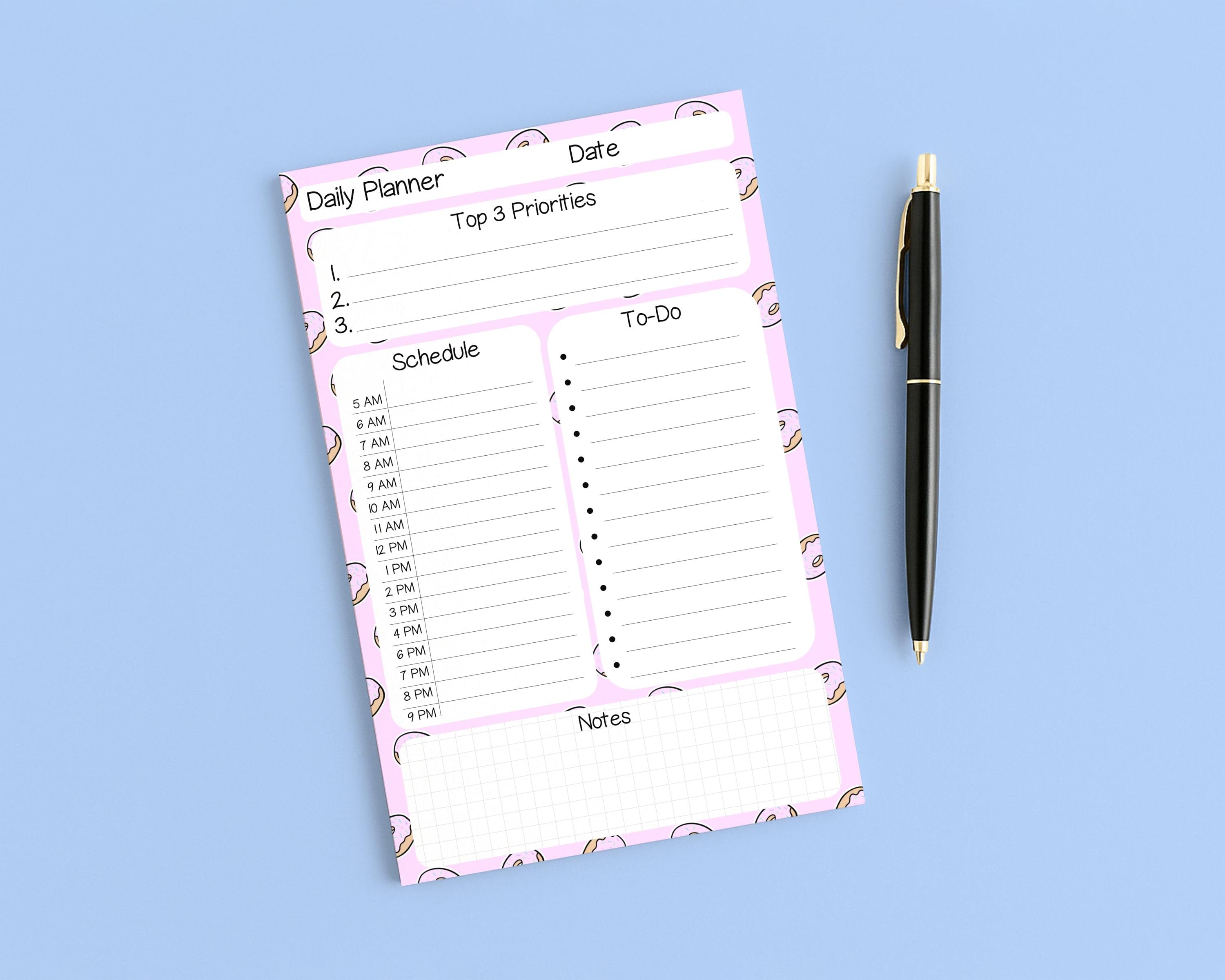 Half Letter Daily Planner Notepad with Schedule Planning: Pastel Pink Donut Pattern